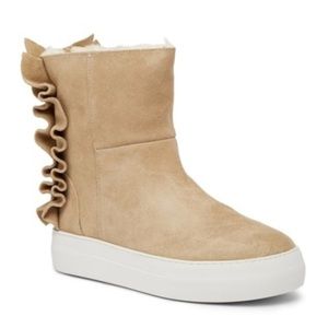 J/Slides tan ruffle suede bootie